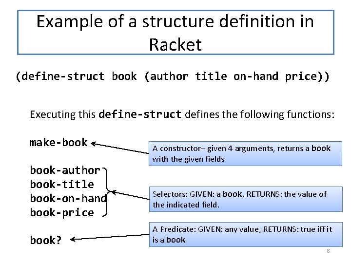 Example of a structure definition in Racket (define-struct book (author title on-hand price)) Executing