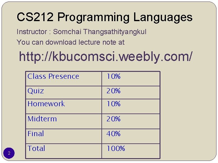 CS 212 Programming Languages Instructor : Somchai Thangsathityangkul You can download lecture note at