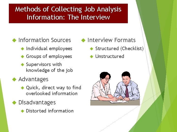 Methods of Collecting Job Analysis Information: The Interview Information Sources Interview Formats Individual employees