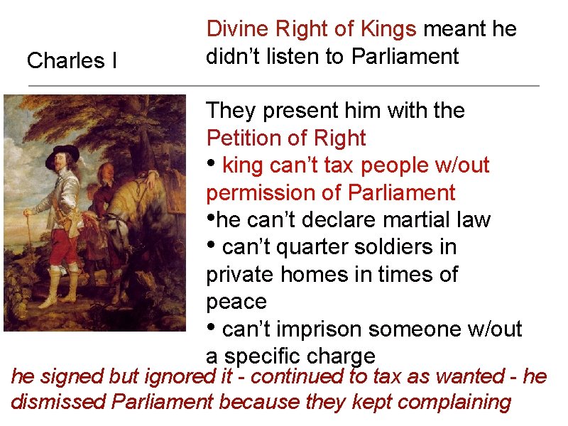 Charles I Divine Right of Kings meant he didn’t listen to Parliament They present