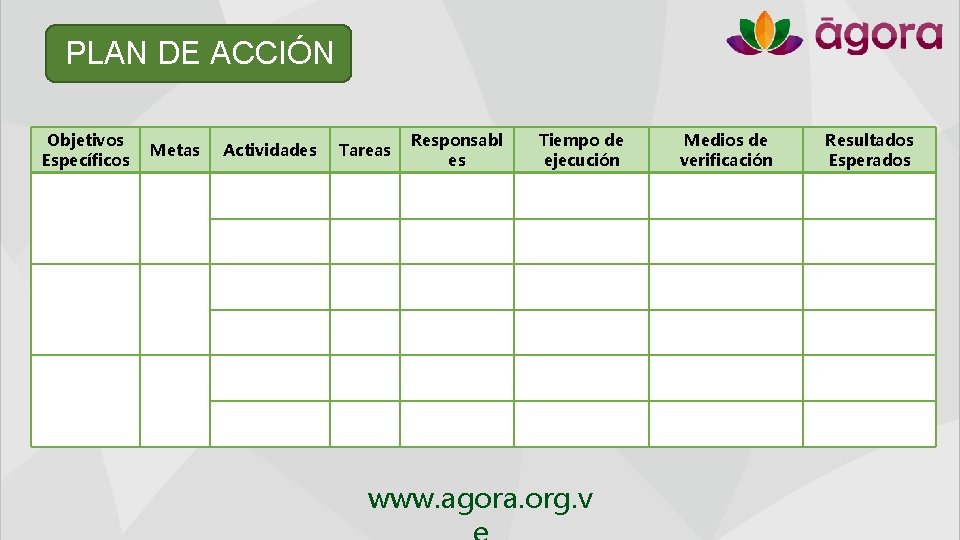 PLAN DE ACCIÓN Objetivos Específicos Metas Actividades Tareas Responsabl es Tiempo de ejecución www.