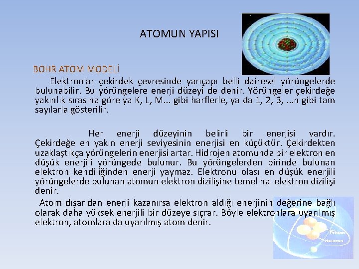 ATOMUN YAPISI BOHR ATOM MODELİ Elektronlar çekirdek çevresinde yarıçapı belli dairesel yörüngelerde bulunabilir. Bu