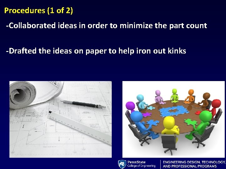 Procedures (1 of 2) -Collaborated ideas in order to minimize the part count -Drafted