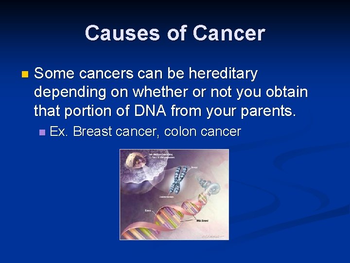 Causes of Cancer n Some cancers can be hereditary depending on whether or not