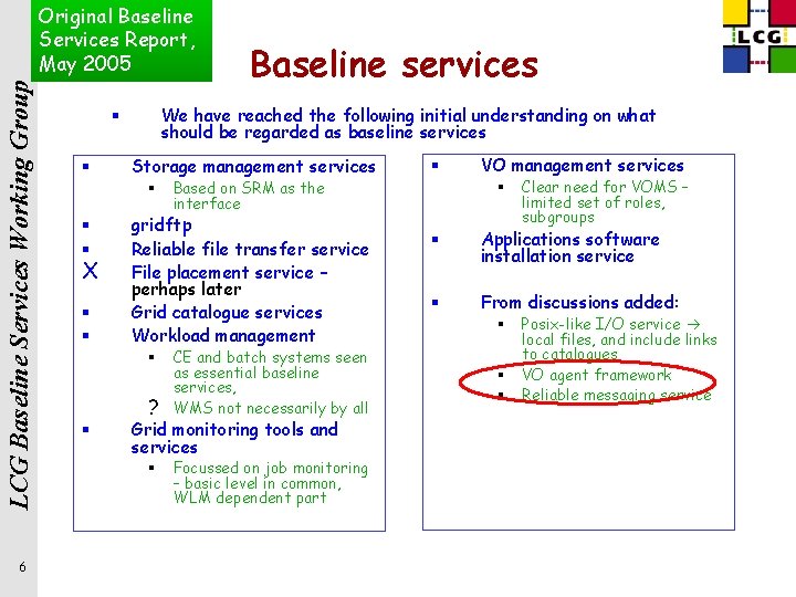 LCG Baseline Services Working Group Original Baseline Services Report, May 2005 6 We have LCG Baseline Services Working Group Original Baseline Services Report, May 2005 6 We have