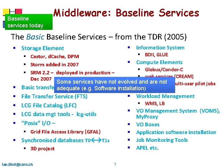 Baseline services today Middleware: Baseline Services The Basic Baseline Services – from the TDR Baseline services today Middleware: Baseline Services The Basic Baseline Services – from the TDR
