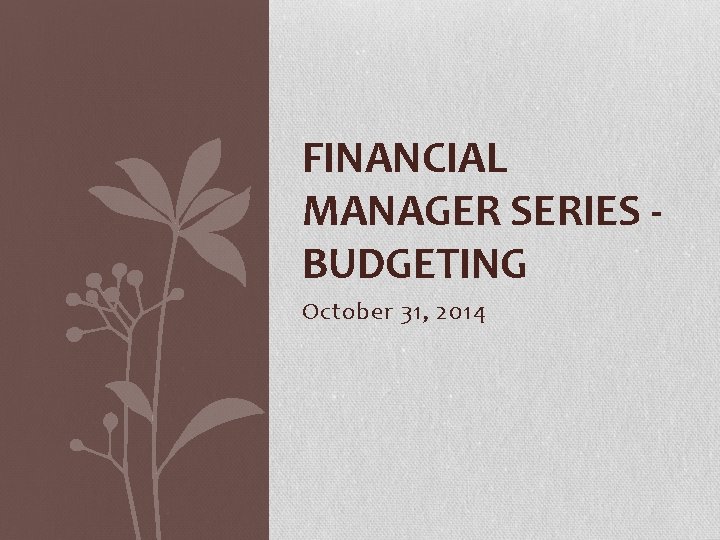 FINANCIAL MANAGER SERIES BUDGETING October 31, 2014 