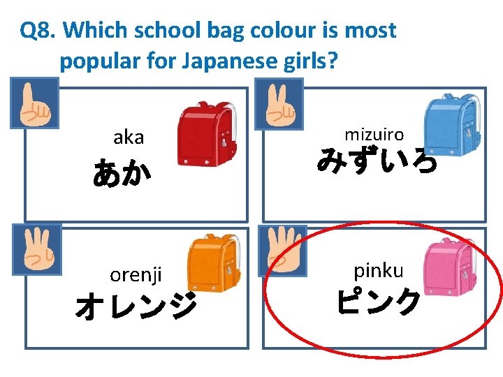 Q 8. Which school bag colour is most popular for Japanese girls? aka あか