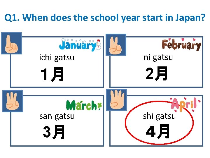 Q 1. When does the school year start in Japan? ichi gatsu ni gatsu