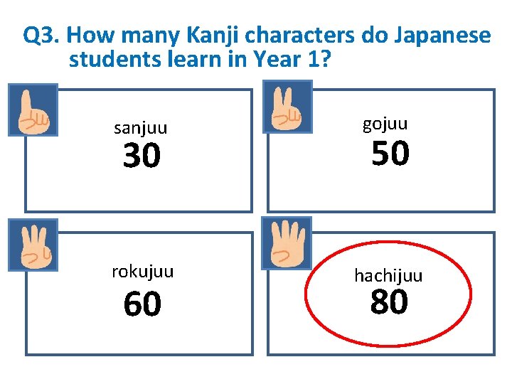 Q 3. How many Kanji characters do Japanese students learn in Year 1? sanjuu