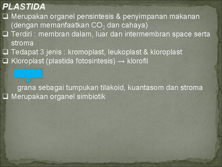 PLASTIDA q Merupakan organel pensintesis & penyimpanan makanan (dengan memanfaatkan CO 2 dan cahaya)