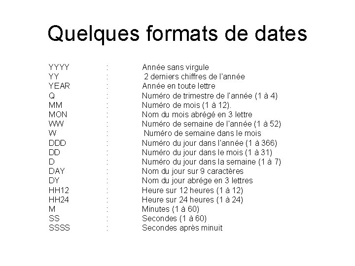 Quelques formats de dates YYYY YY YEAR Q MM MON WW W DDD DD