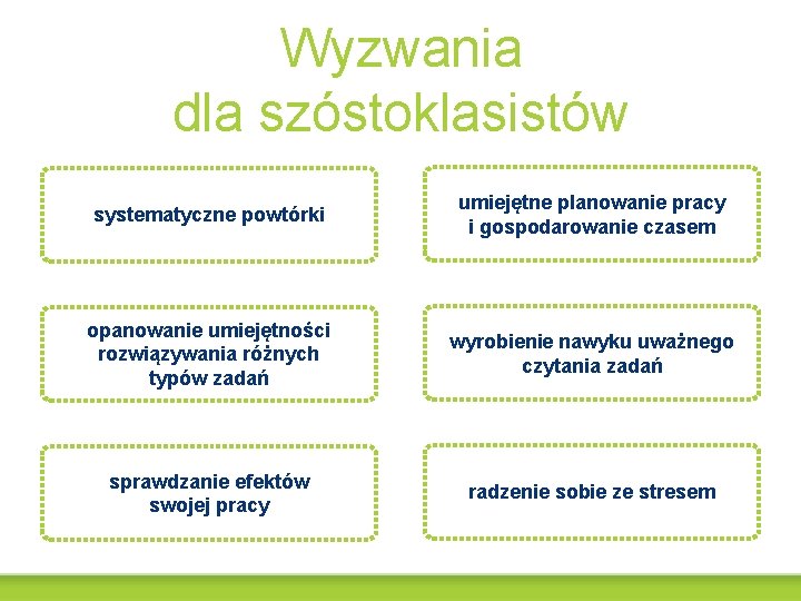 Wyzwania dla szóstoklasistów systematyczne powtórki umiejętne planowanie pracy i gospodarowanie czasem opanowanie umiejętności rozwiązywania