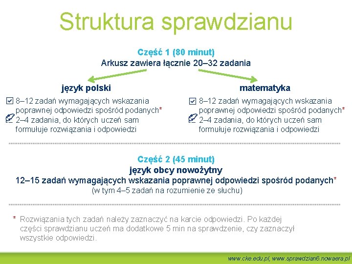 Struktura sprawdzianu Część 1 (80 minut) Arkusz zawiera łącznie 20– 32 zadania język polski