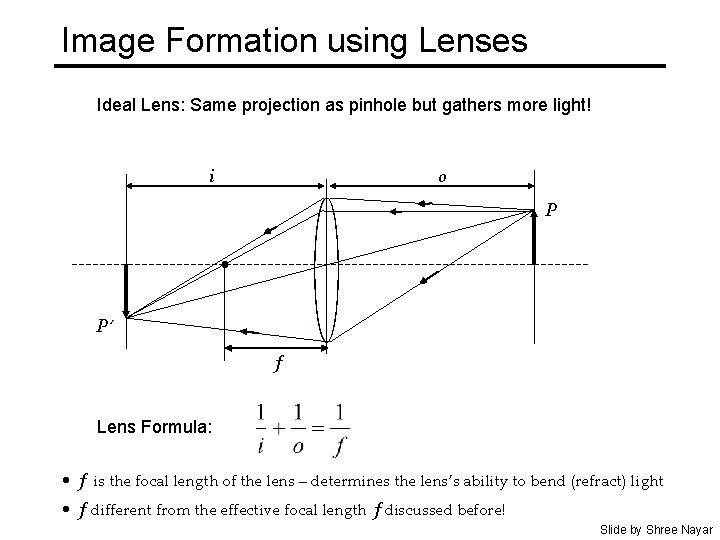 Image Formation using Lenses Ideal Lens: Same projection as pinhole but gathers more light!