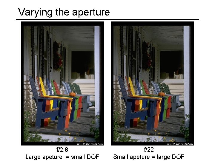 Varying the aperture f/2. 8 Large apeture = small DOF f/22 Small apeture =