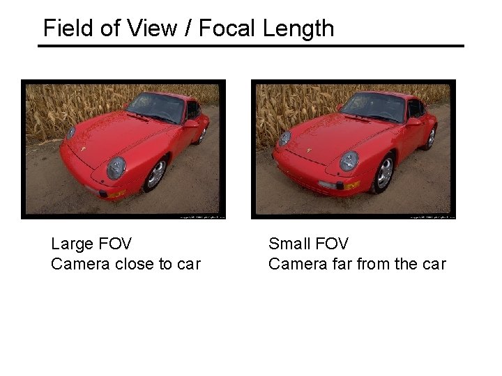 Field of View / Focal Length Large FOV Camera close to car Small FOV