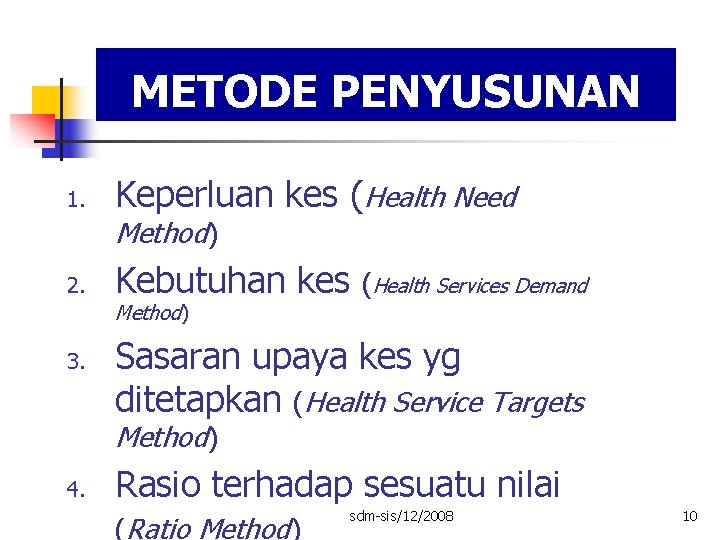 METODE PENYUSUNAN 1. Keperluan kes (Health Need Method) 2. Kebutuhan kes (Health Services Demand