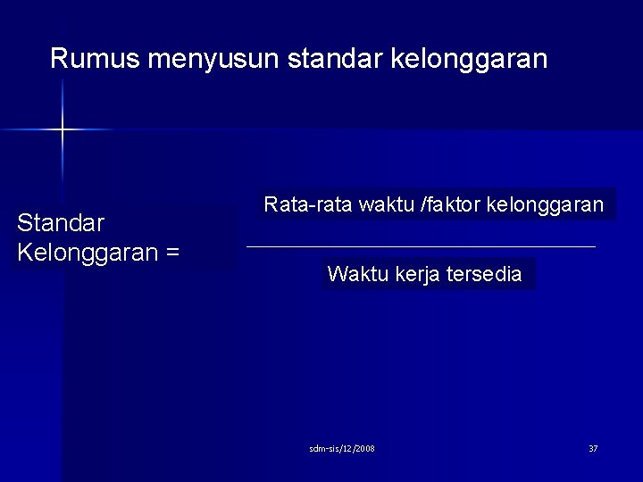 Rumus menyusun standar kelonggaran Standar Kelonggaran = Rata-rata waktu /faktor kelonggaran Waktu kerja tersedia