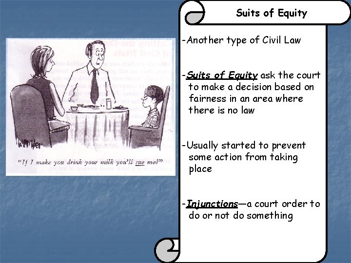 Suits of Equity -Another type of Civil Law -Suits of Equity ask the court