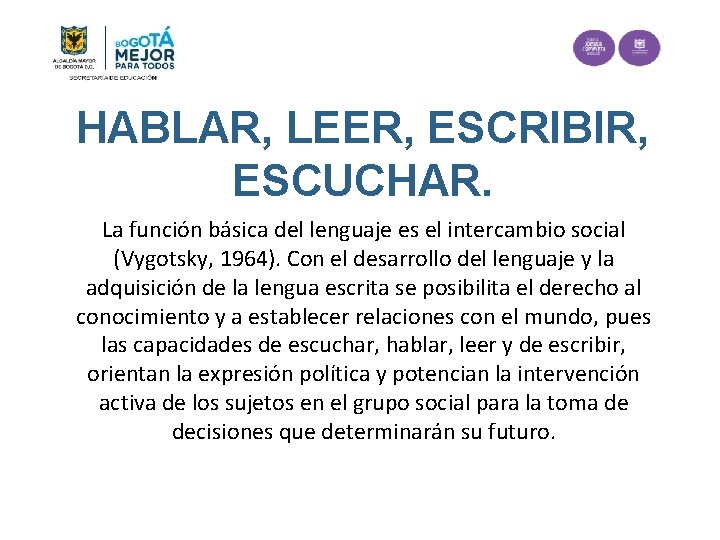 HABLAR, LEER, ESCRIBIR, ESCUCHAR. La función básica del lenguaje es el intercambio social (Vygotsky,