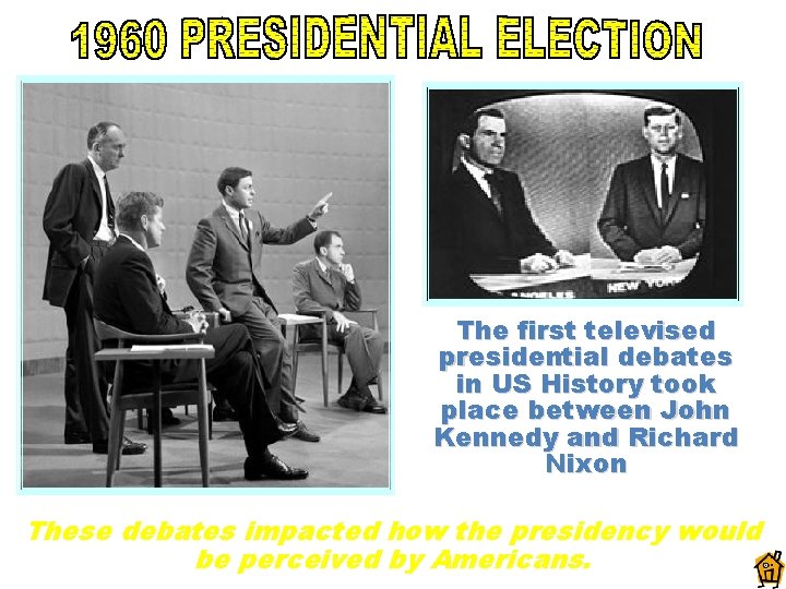 The first televised presidential debates in US History took place between John Kennedy and