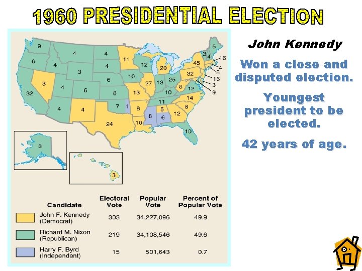 John Kennedy Won a close and disputed election. Youngest president to be elected. 42