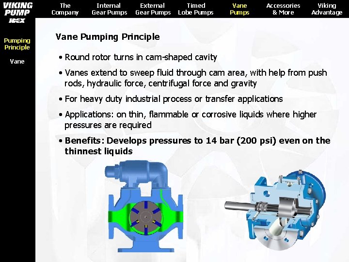 The Company Pumping Principle Vane Internal Gear Pumps External Gear Pumps Timed Lobe Pumps