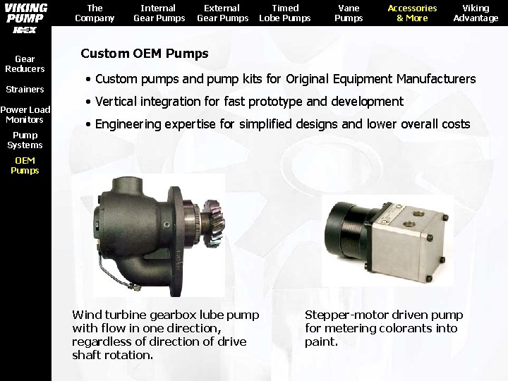 The Company Gear Reducers Strainers Power Load Monitors Pump Systems Internal Gear Pumps External