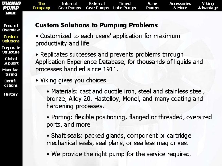 The Company Product Overview Custom Solutions Corporate Structure Global Support Manufacturing Certifications History Internal