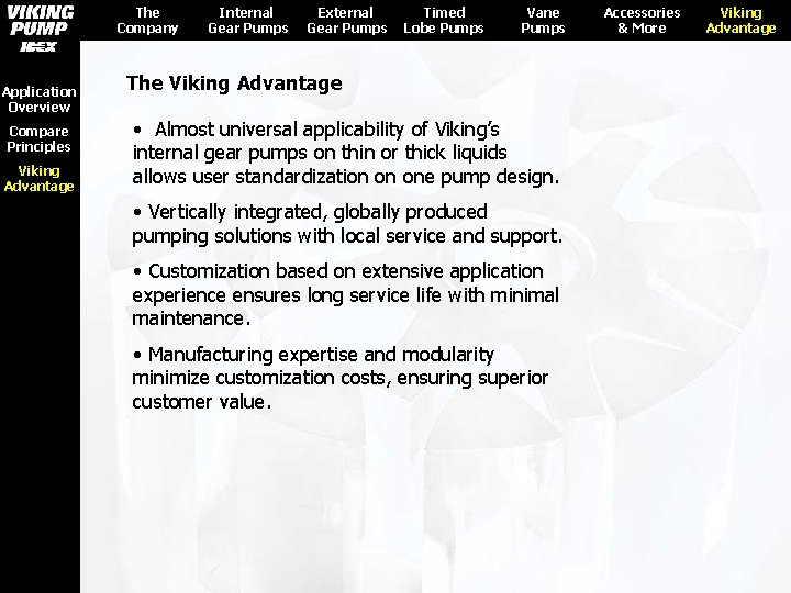 The Company Application Overview Compare Principles Viking Advantage Internal Gear Pumps External Gear Pumps