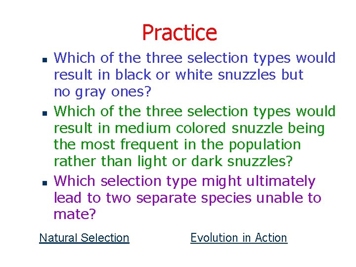 Practice n n n Which of the three selection types would result in black