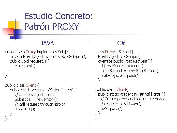 Estudio Concreto: Patrón PROXY JAVA public class Proxy implements Subject { private Real. Subject