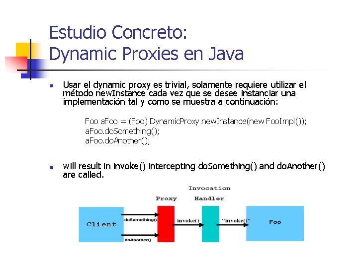 Estudio Concreto: Dynamic Proxies en Java n Usar el dynamic proxy es trivial, solamente