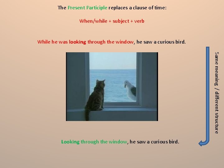 The Present Participle replaces a clause of time: When/while + subject + verb While