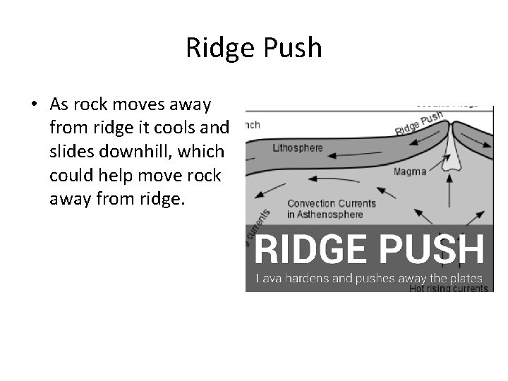 Ridge Push • As rock moves away from ridge it cools and slides downhill,