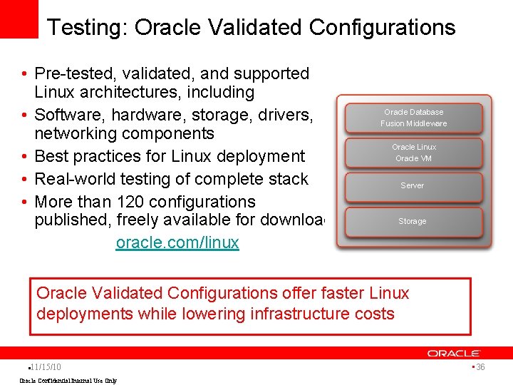 Testing: Oracle Validated Configurations • Pre-tested, validated, and supported Linux architectures, including • Software,