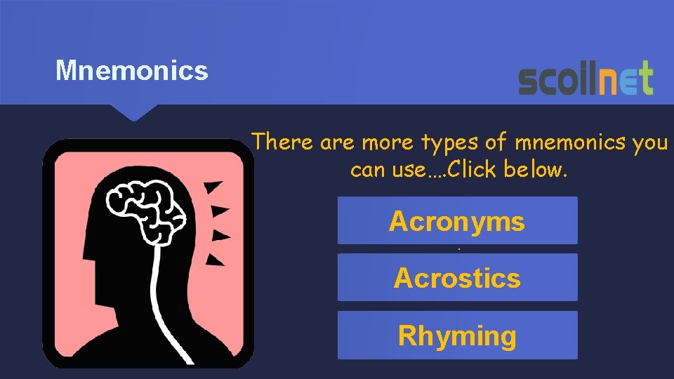 Mnemonics There are more types of mnemonics you can use…. Click below. Acronyms. Acrostics
