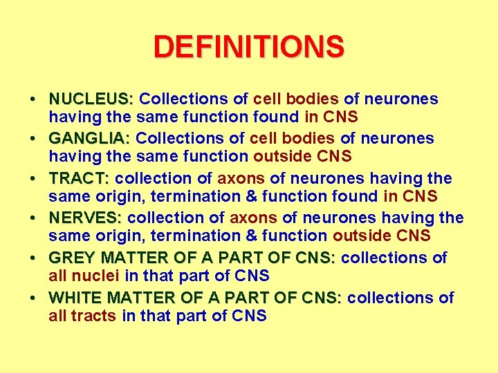 DEFINITIONS • NUCLEUS: Collections of cell bodies of neurones having the same function found
