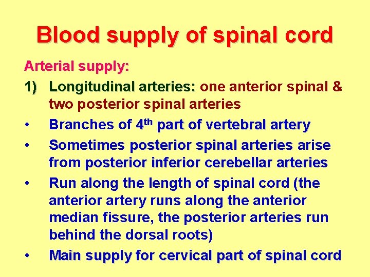Blood supply of spinal cord Arterial supply: 1) Longitudinal arteries: one anterior spinal &