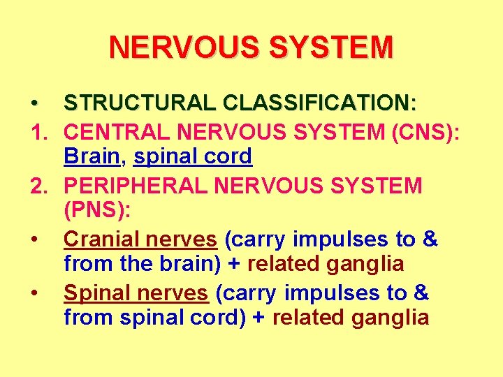 NERVOUS SYSTEM • STRUCTURAL CLASSIFICATION: 1. CENTRAL NERVOUS SYSTEM (CNS): Brain, spinal cord 2.