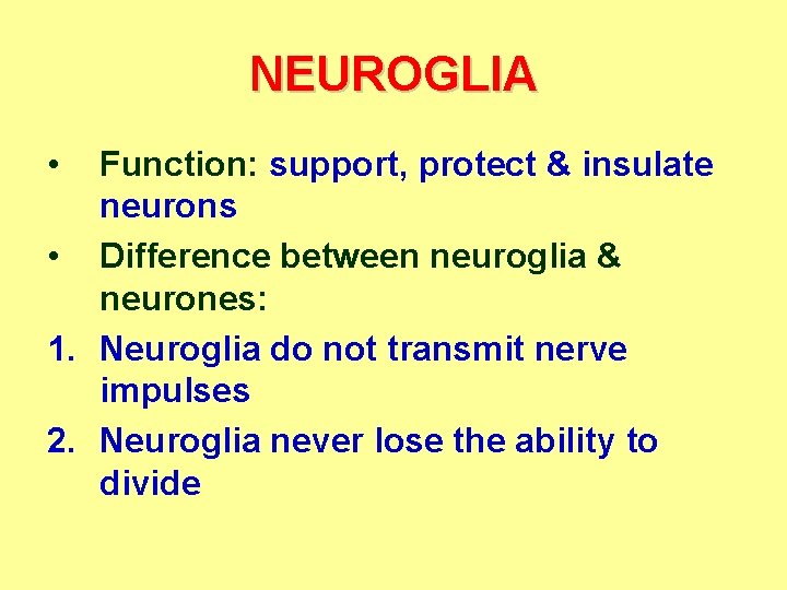 NEUROGLIA • Function: support, protect & insulate neurons • Difference between neuroglia & neurones: