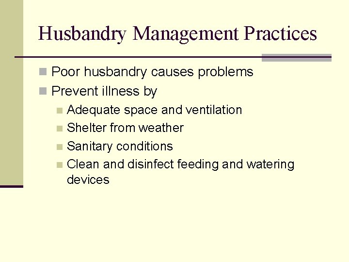 Husbandry Management Practices n Poor husbandry causes problems n Prevent illness by n Adequate