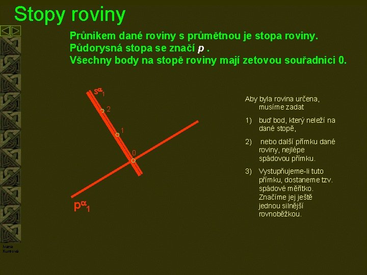 Stopy roviny Průnikem dané roviny s průmětnou je stopa roviny. Půdorysná stopa se značí