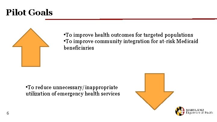 Pilot Goals • To improve health outcomes for targeted populations • To improve community