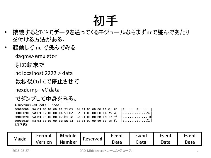 初手 • 接続するとTCPでデータを送ってくるモジュールならまずncで読んであたり を付ける方法がある。 • 起動して nc で読んでみる daqmw-emulator 別の端末で nc localhost 2222 >