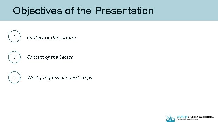 Objectives of the Presentation 1 Context of the country 2 Context of the Sector