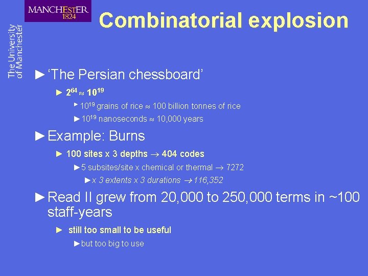 Combinatorial explosion ►‘The Persian chessboard’ ► 264 1019 ► 1019 grains of rice 100