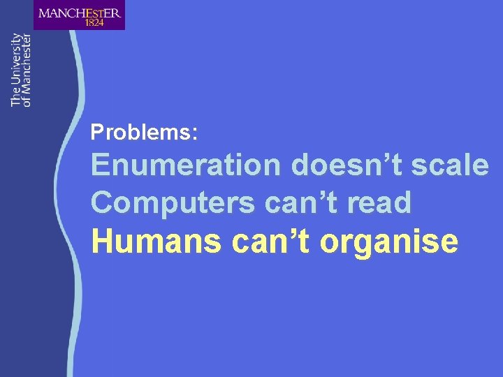 Problems: Enumeration doesn’t scale Computers can’t read Humans can’t organise 