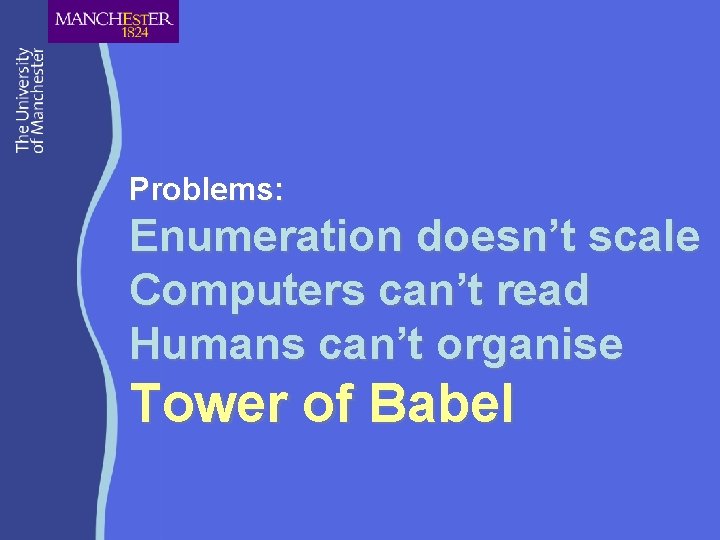 Problems: Enumeration doesn’t scale Computers can’t read Humans can’t organise Tower of Babel 